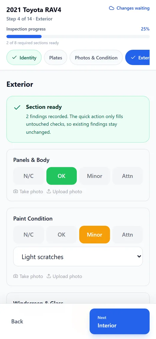 The InspectaCar Exterior step on a phone with OK and Minor results selected and a finding detail chosen.