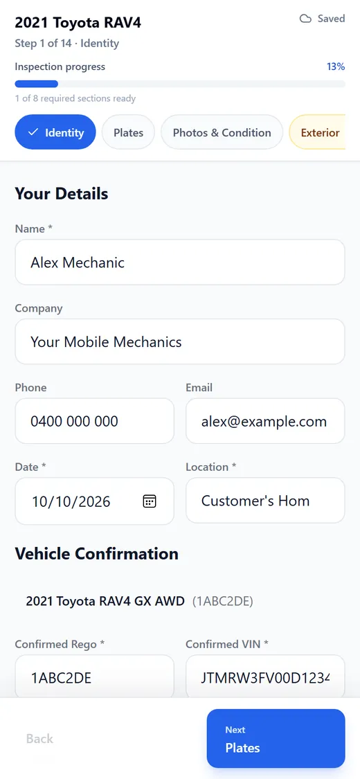 The InspectaCar mechanic inspection form on a phone: step 1 of 14, Identity, with the mechanic and vehicle details.
