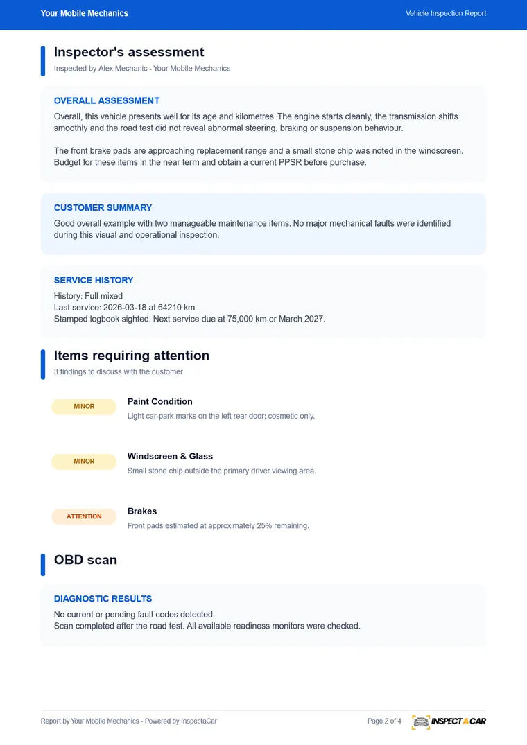 Page 2 of an InspectaCar PDF inspection report.