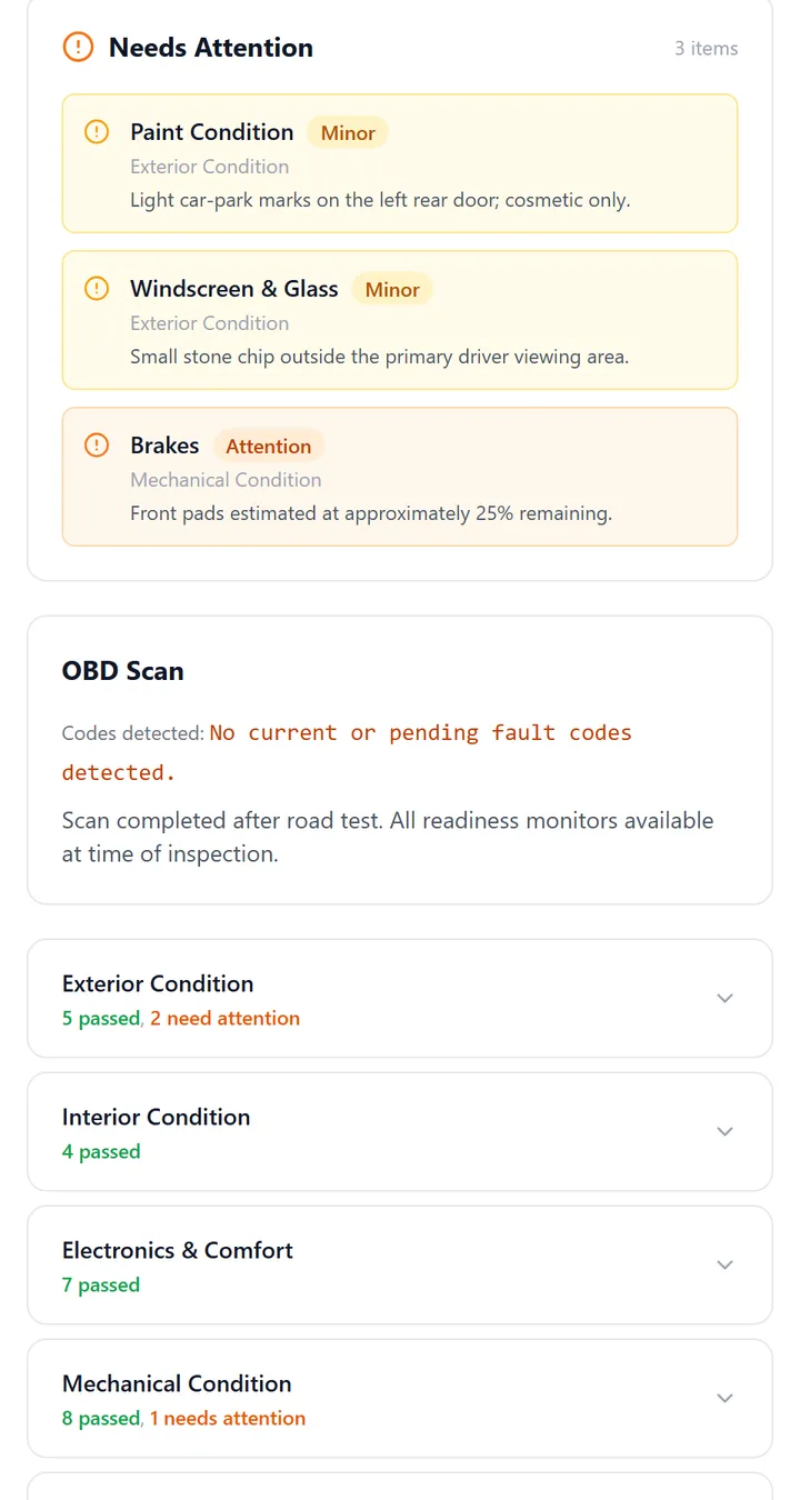The Needs Attention section of an InspectaCar report listing two Minor findings and one Attention finding with comments, followed by the OBD scan result.