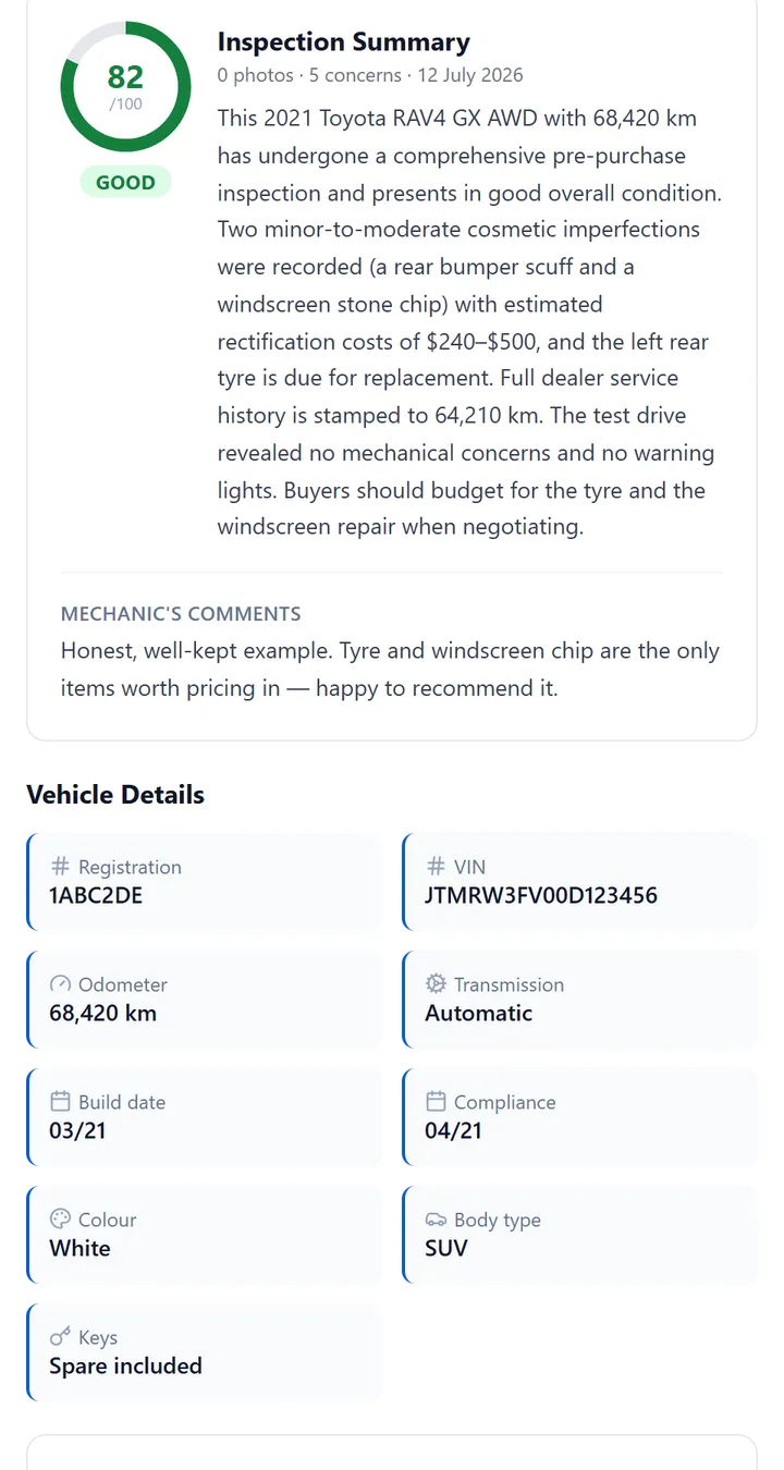 The summary section of an InspectaCar Deep Inspection report.