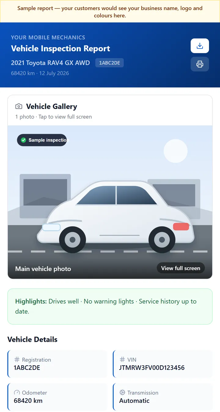 The top of an InspectaCar online inspection report with a branded header, vehicle gallery and vehicle details.